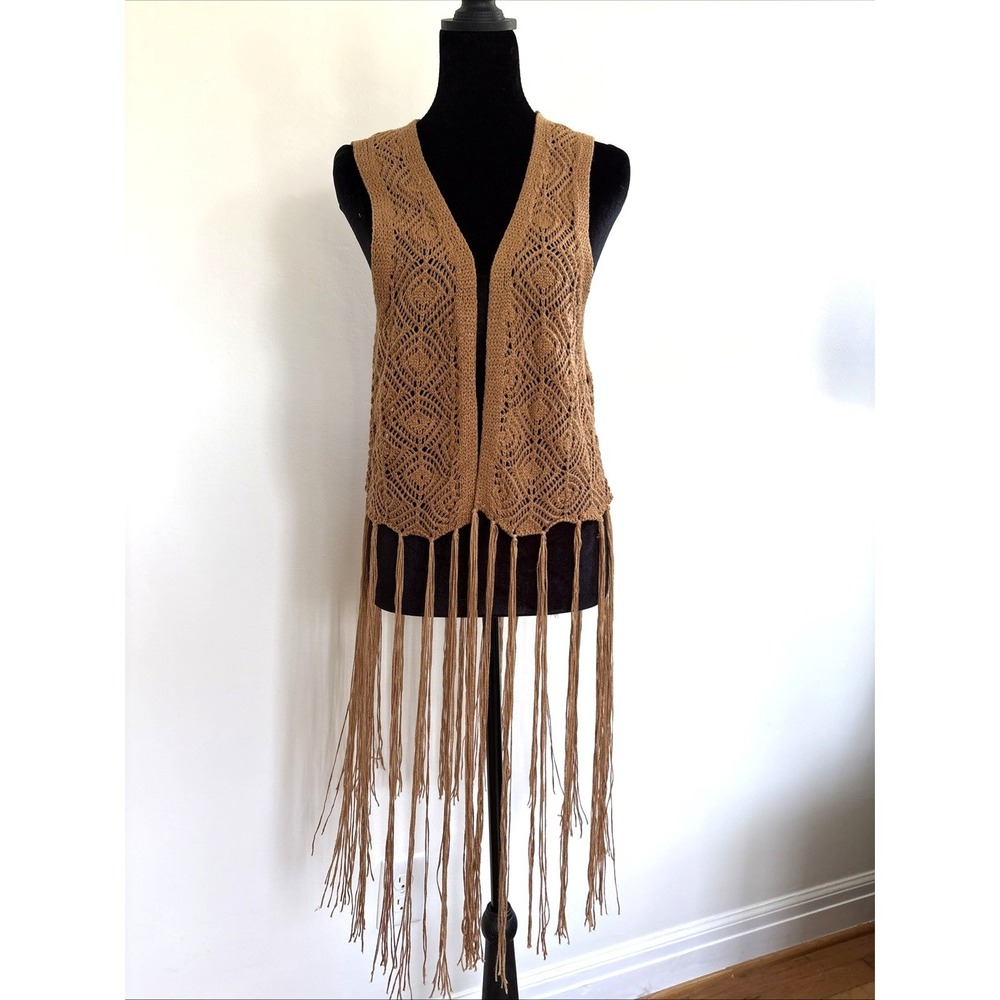 Tan Brown Crochet Fringe Vest Open Knit Boho Festival Sleeveless Cardigan S/M